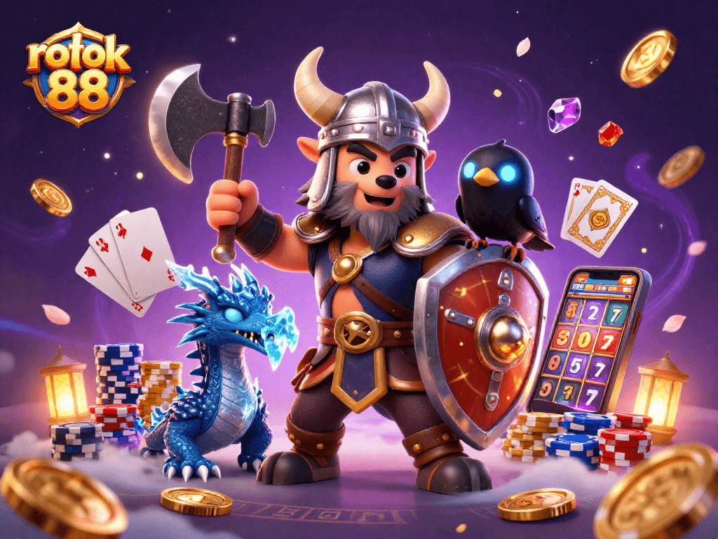 Engage in thrilling gameplay with rokok 88 featuring a Viking wolf warrior, dragon, and casino elements.