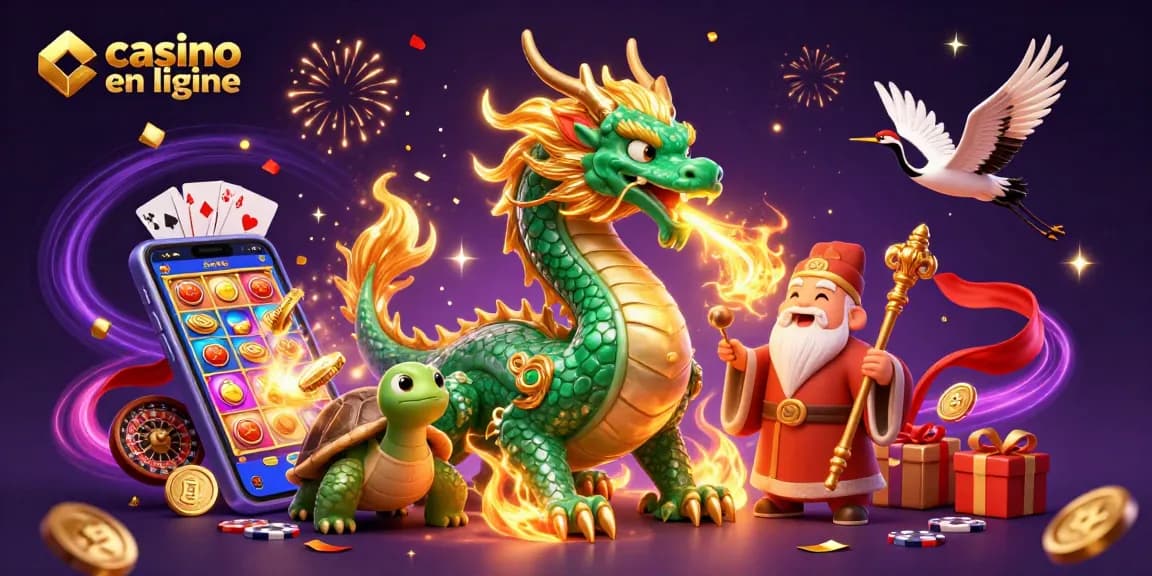 Vivez l'excitation du casino en ligne avec une illustration 3D dynamique mettant en scène des créatures mythiques et des éléments de jeu.