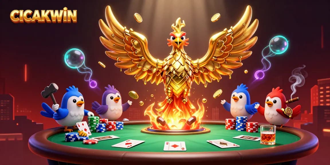 CICAKWIN reveals a molten golden phoenix and poker table scene, showcasing dynamic gambling energy.