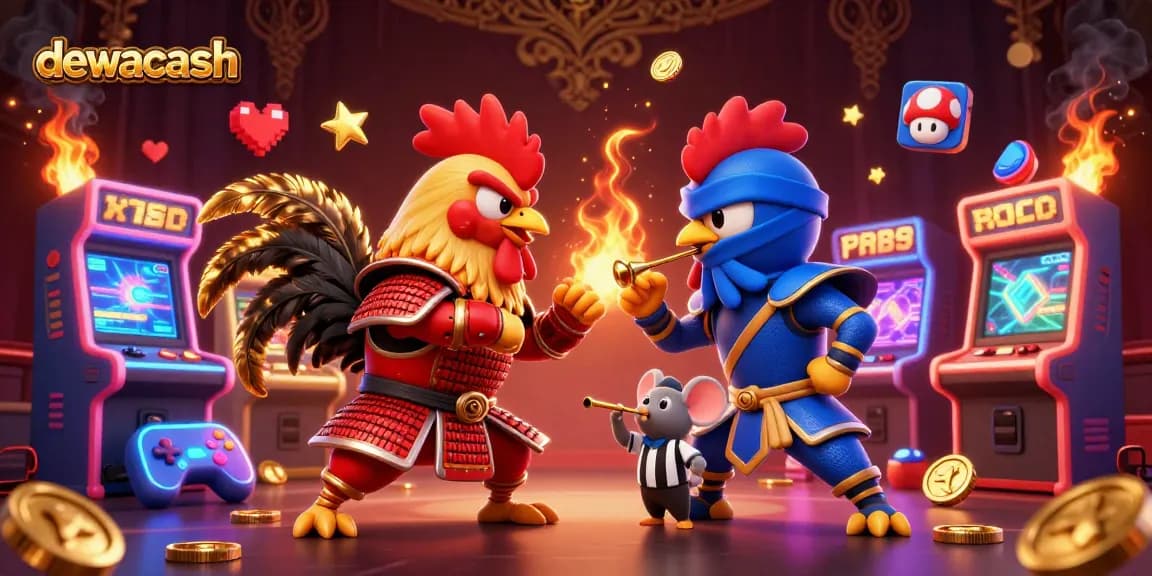 Bet on dewacash with exciting 3D cartoon roosters and vibrant casino game elements.