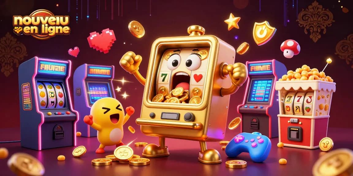 Nouveau casino en ligne avec une machine à sous dorée victorieuse entourée de machines à sous plus petites, célébrant des gains éclatants.