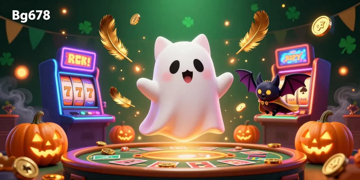 Experience thrilling gameplay with Bg678 in this vibrant casino scene featuring a ghost cat and bat.