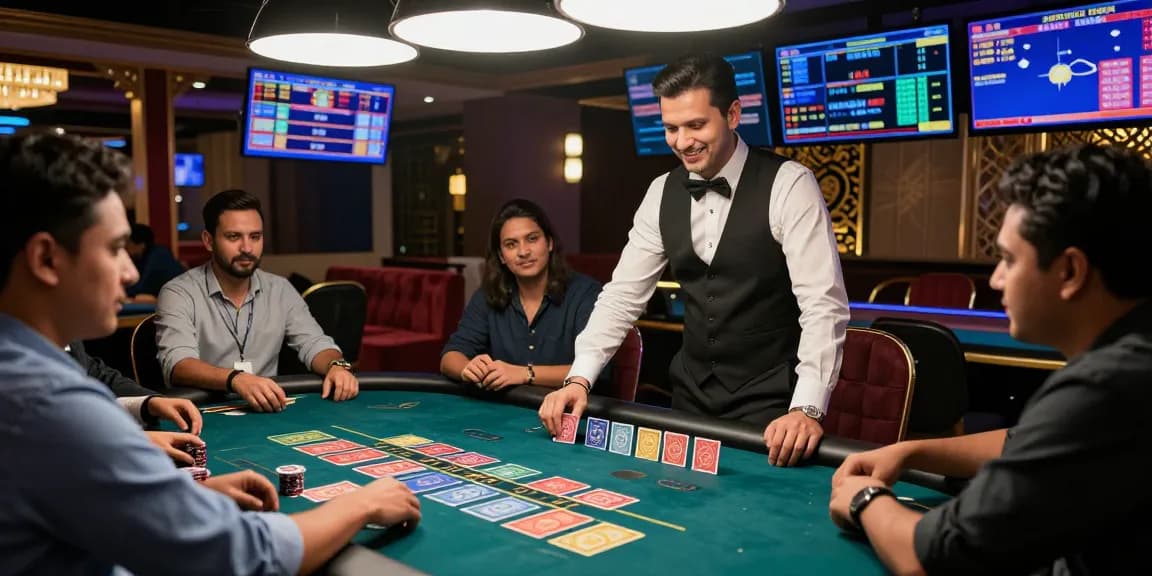 Engaging Andar Bahar game scene with real dealer and players betting at a vibrant live casino table.