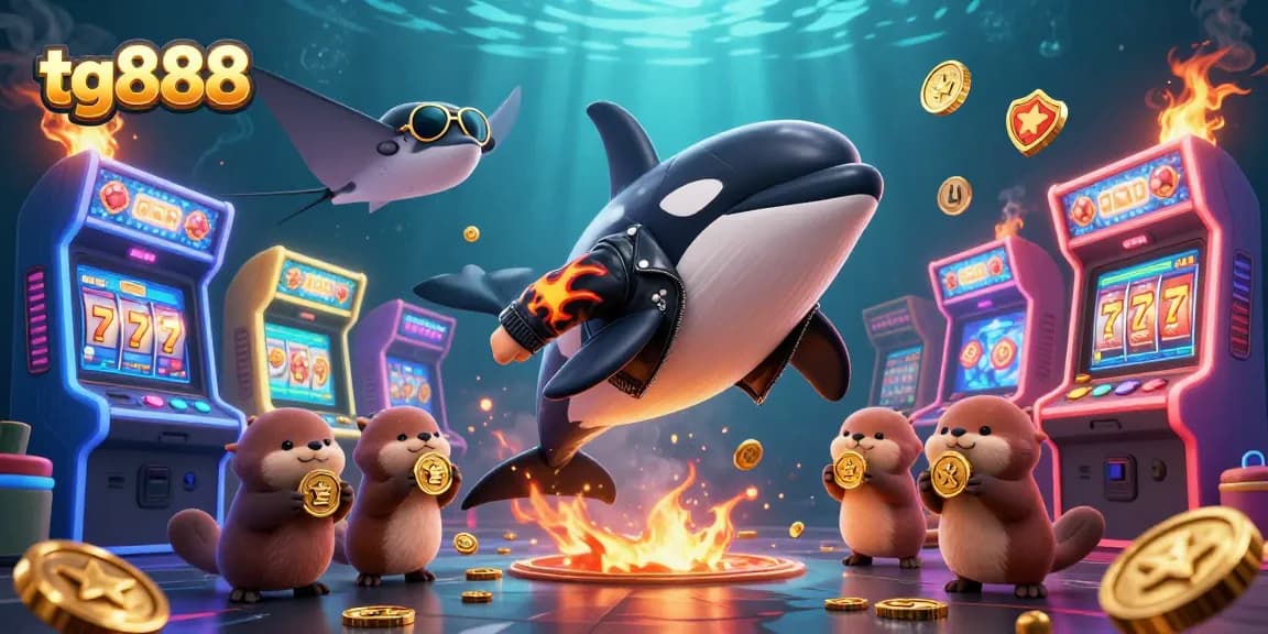 Win big at tg888 with a vibrant underwater casino scene featuring playful characters and gaming elements.