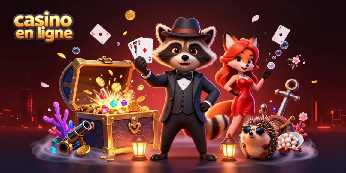 Découvrez la scène animée du casino en ligne avec un raton laveur en costume, un renard en robe et un videur au milieu des trésors.
