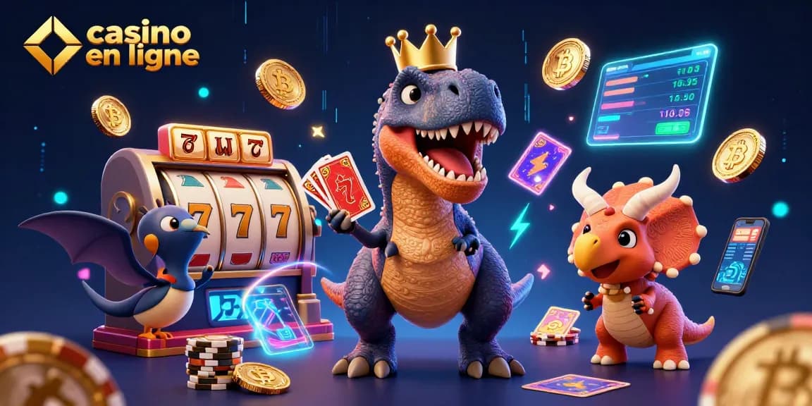 Jouez à des jeux captivants sur un casino en ligne avec des personnages de dinosaures colorés et des éléments de jeux.