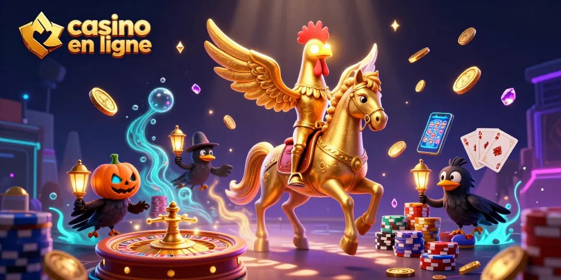 Illustration dynamique d'un casino en ligne avec un coq doré, des pièces et des jeux captivants.