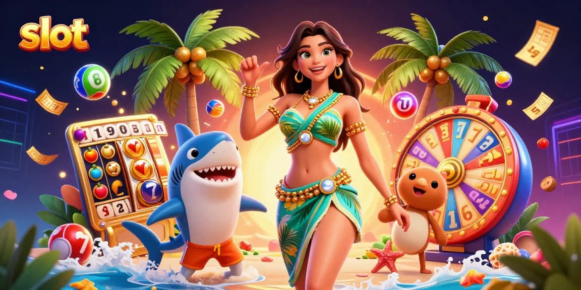 Engage with exciting slot games in this vibrant illustration featuring dynamic elements and a beach goddess.