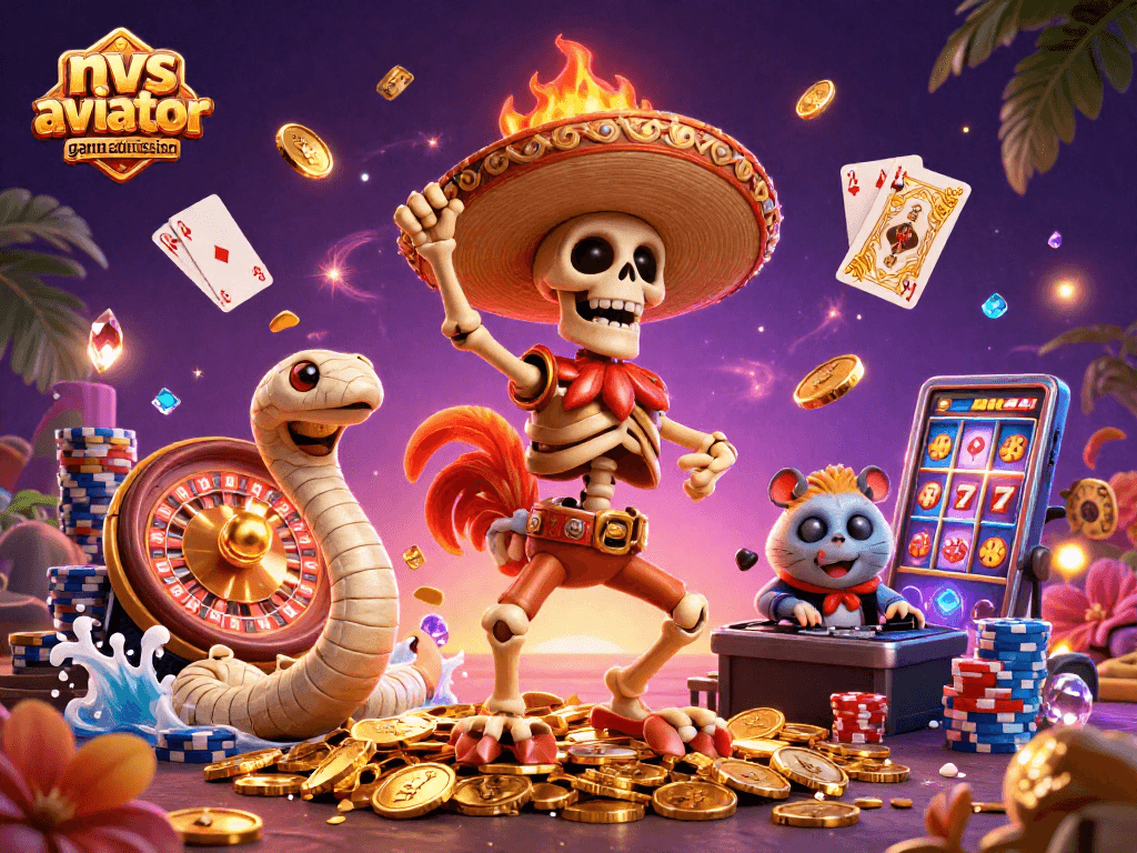 Join the excitement with nvs aviator game admission, as unique characters celebrate amidst vibrant casino elements.