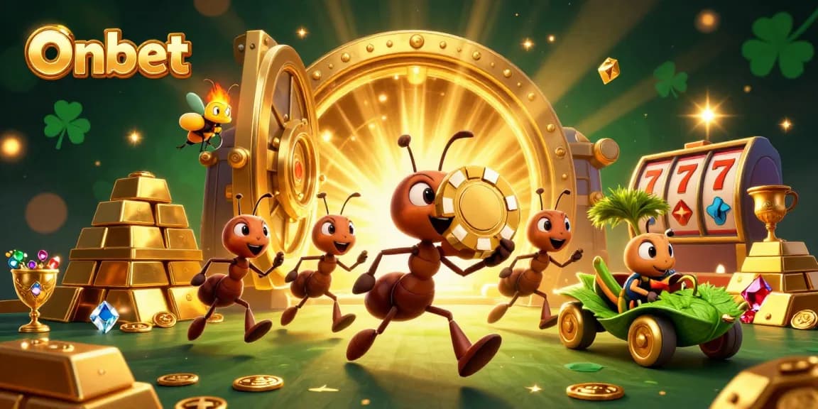 Onbet challenges players as ants carry mega casino chips, unveiling a treasure vault of winnings.