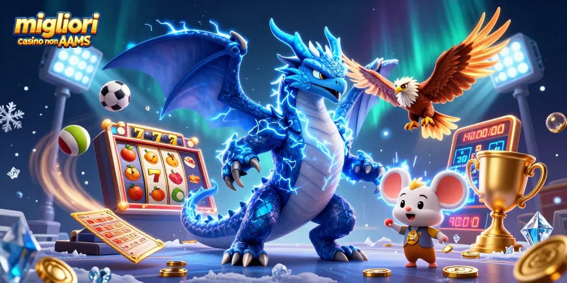 Scopri i migliori casino non AAMS con avvincenti simboli di jackpot e un drago artistico illuminato.