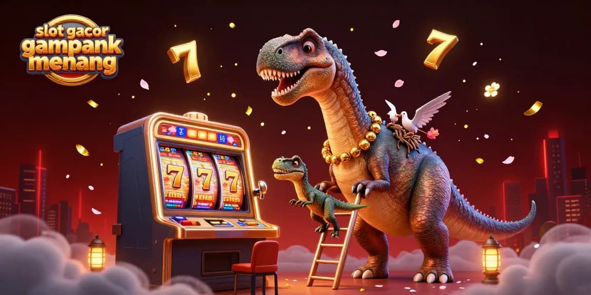 Engage with slot gacor gampang menang through a dynamic casino scene featuring a giant dinosaur and vibrant slot elements.