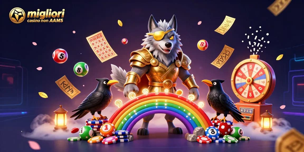 Gioca nei migliori casino non AAMS con un'immagine ricca di animazioni casinistiche ed elementi colorati.