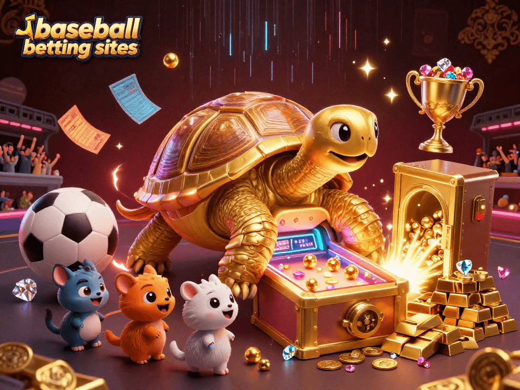 Engage with baseball betting sites through this vibrant scene featuring a tortoise pinball machine and sports elements.
