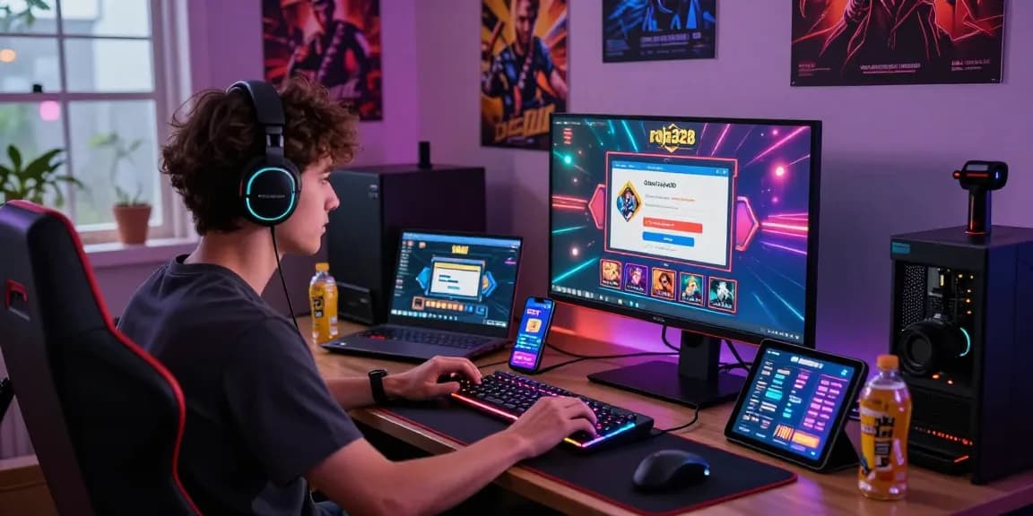 Engaging gaming scene with player accessing daftar raja328 online slots, showcasing vibrant atmosphere filled with tech.