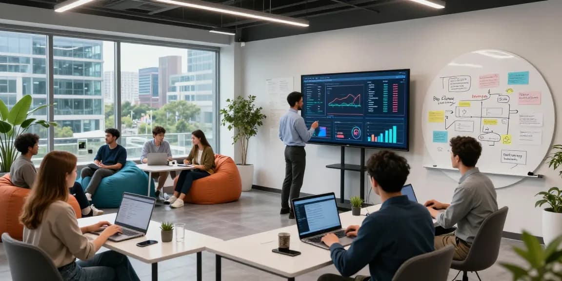 Collaborative team of developers using crush ai in innovative tech workspace with dynamic graphs.
