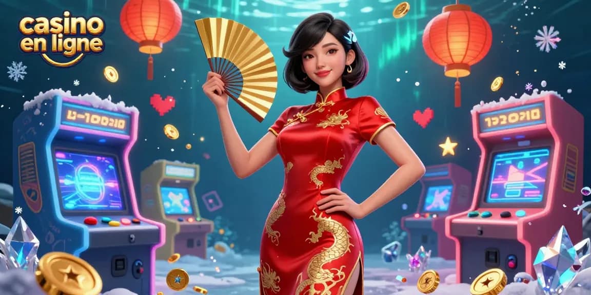 Participez à des jeux de casino en ligne palpitants alors qu'une femme confiante célèbre au milieu de pièces d'or et d'éléments de jeu vibrants.
