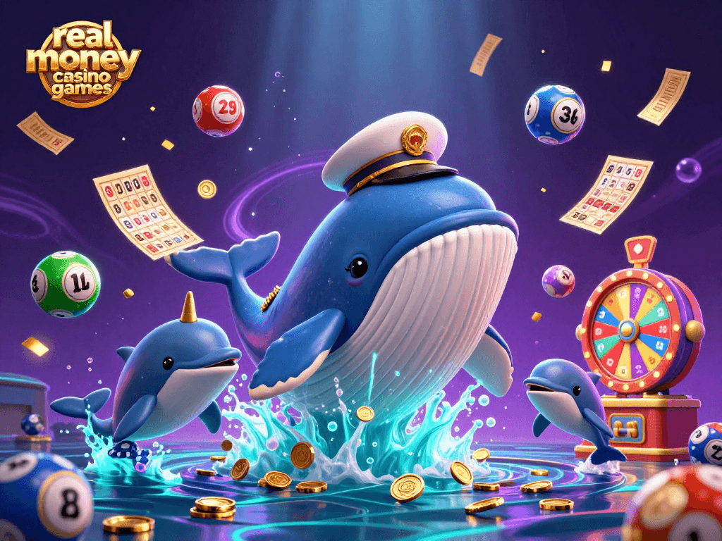 Experience thrilling real money casino games with a whimsical scene of a whale, narwhal, and dolphins diving into gambling excitement.
