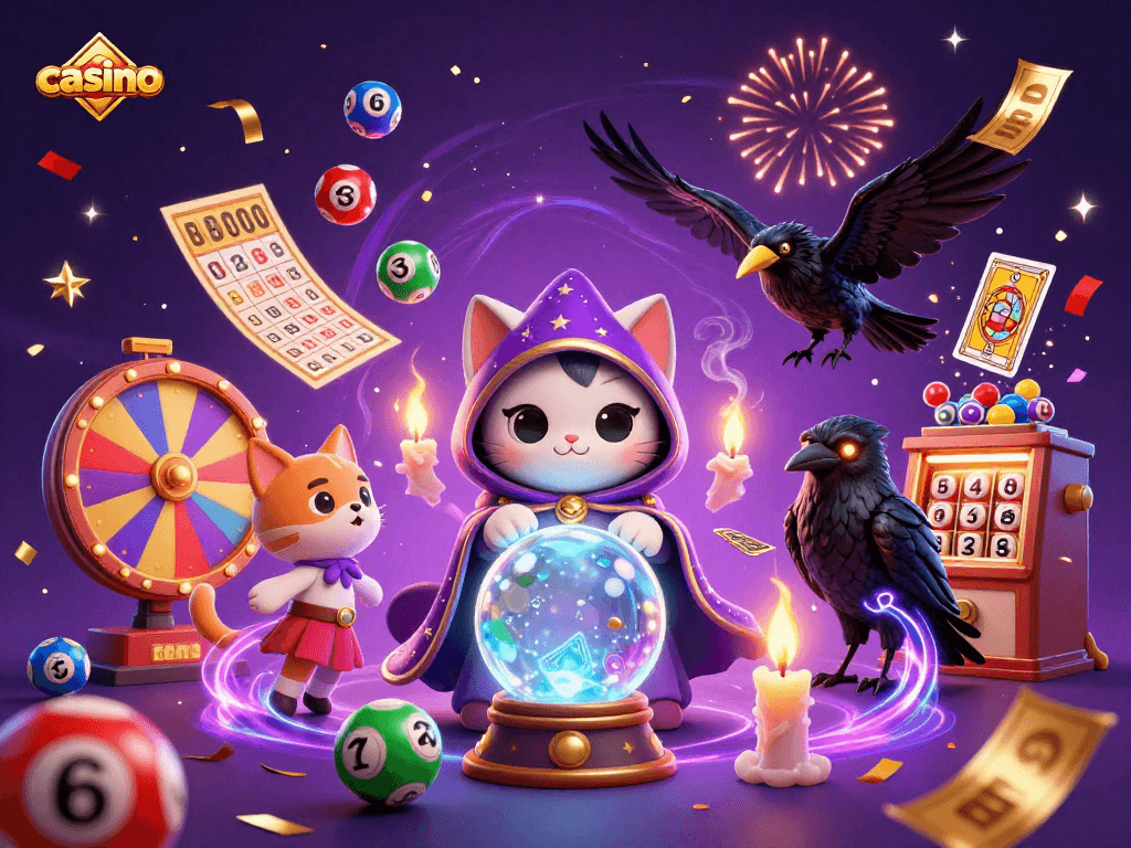Catch the excitement at the casino with vibrant lottery elements, colorful balls, and mystical characters.