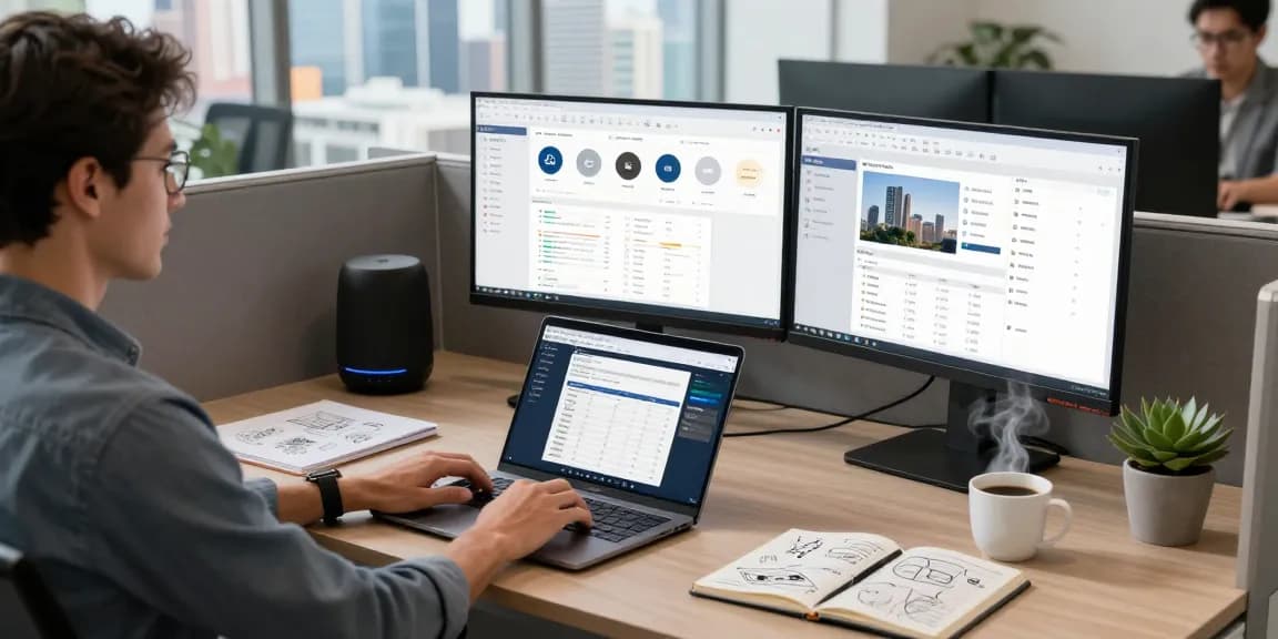 Dynamic workspace showcasing AI productivity tools on modern laptops and collaborative screens.