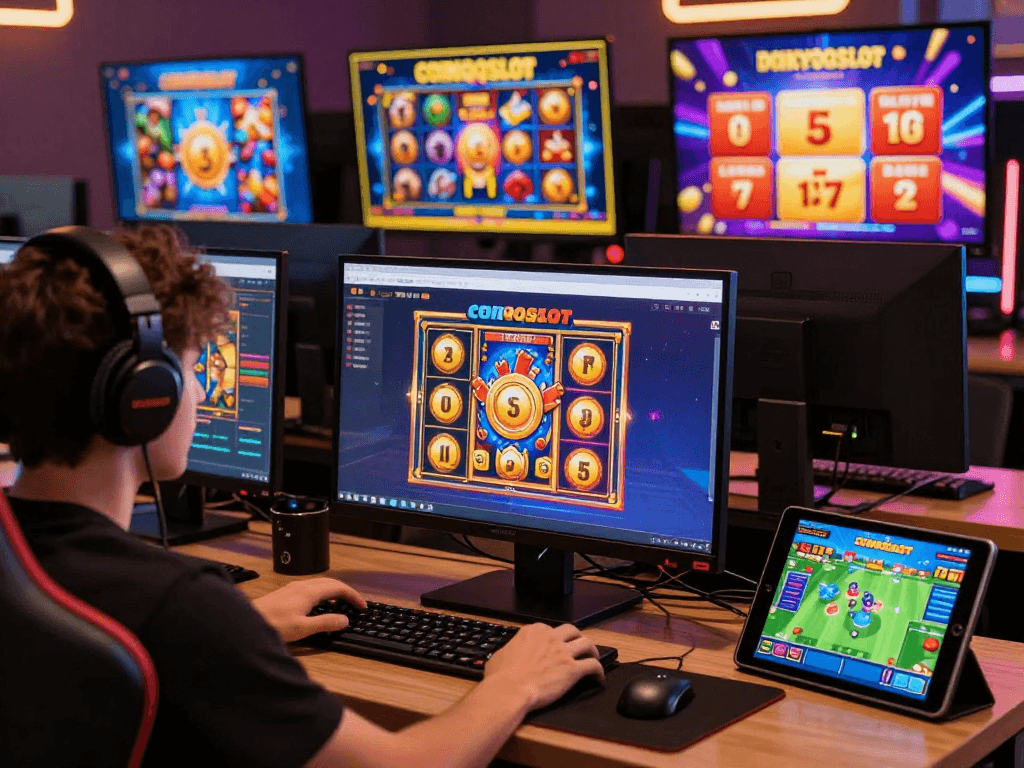 Engaging scene of a user enjoying agen gacor slots on COINQQSLOT platform with vibrant animations and gaming accessories.