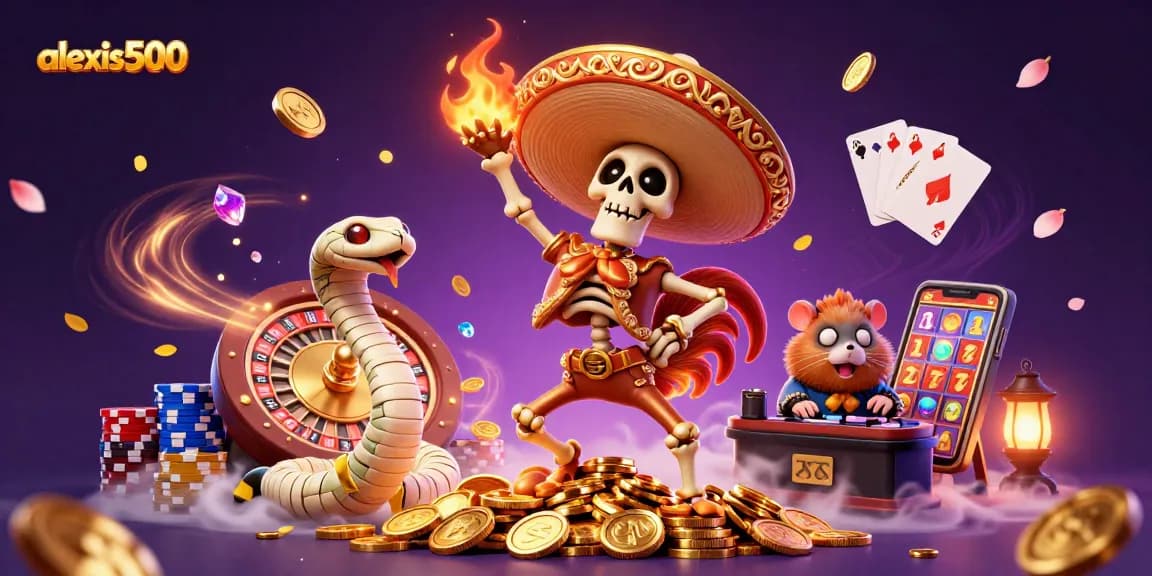 Win big at alexis500 with a festive dance of a skeleton mariachi and thrilling casino elements.