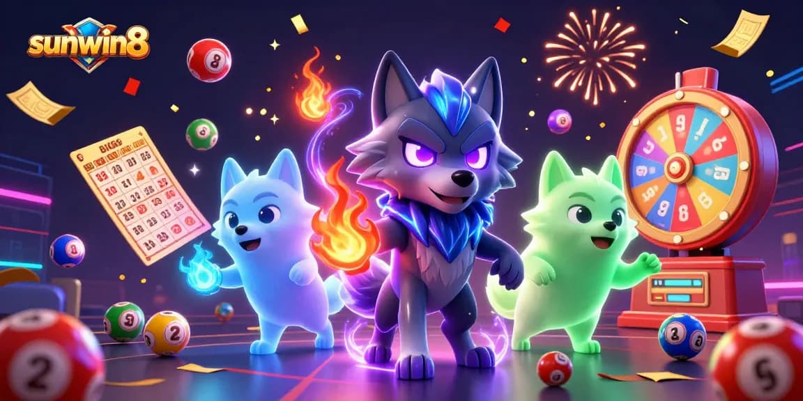 Engage with sunwin8 and explore dynamic lottery elements and ghostly wolves in vibrant casino illustration.