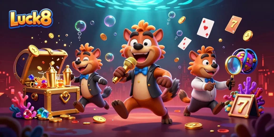Luck8 showcases vibrant casino fun with hyenas interacting in a dynamic gaming scene.