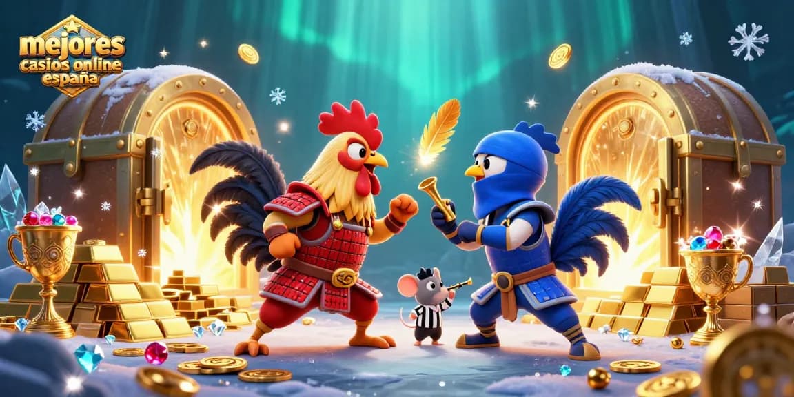 Comparar los mejores casinos online en España en una emocionante escena de lucha de gallos animados.