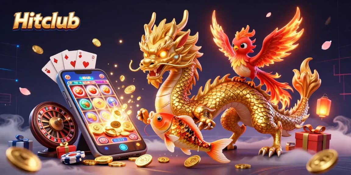 Experience the thrill of Hitclub with an exciting dragon, phoenix, and koi fish in a vibrant casino scene.