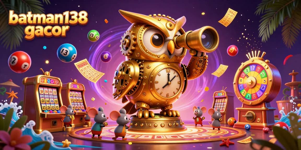 Engage with batman138 gacor through vibrant gaming elements as a golden owl watches over a bustling casino.