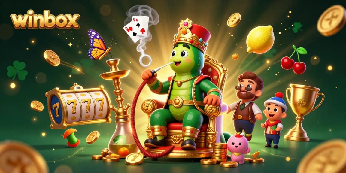 Play exciting slot games at winbox with a 3D cartoon giant caterpillar in a casino-themed illustration.