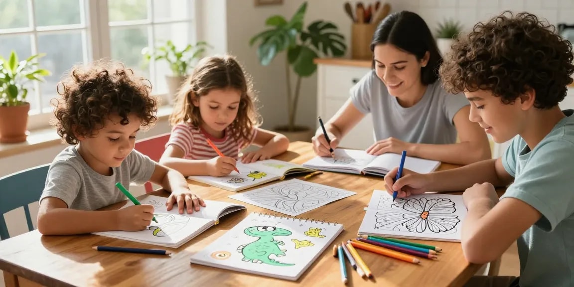 Coloring Books bringing family together, children coloring illustrations with crayons at a wooden table.