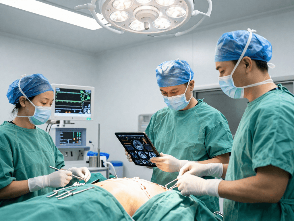Images showcasing dar kanal ameliyatı preparation with surgical team and advanced medical equipment in a bright operating room.