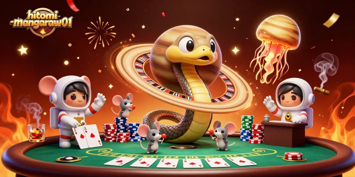 Engage in the cosmic casino of hitomi-mangaraw01 with characters experiencing thrilling bets in a vibrant illustration.