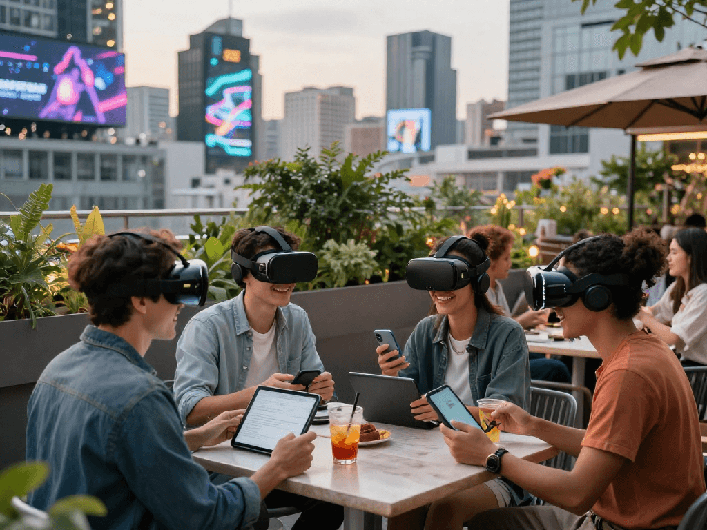 A lively urban café scene featuring young adults using AI technology, highlighting the future of social interaction and lifestyle choices.