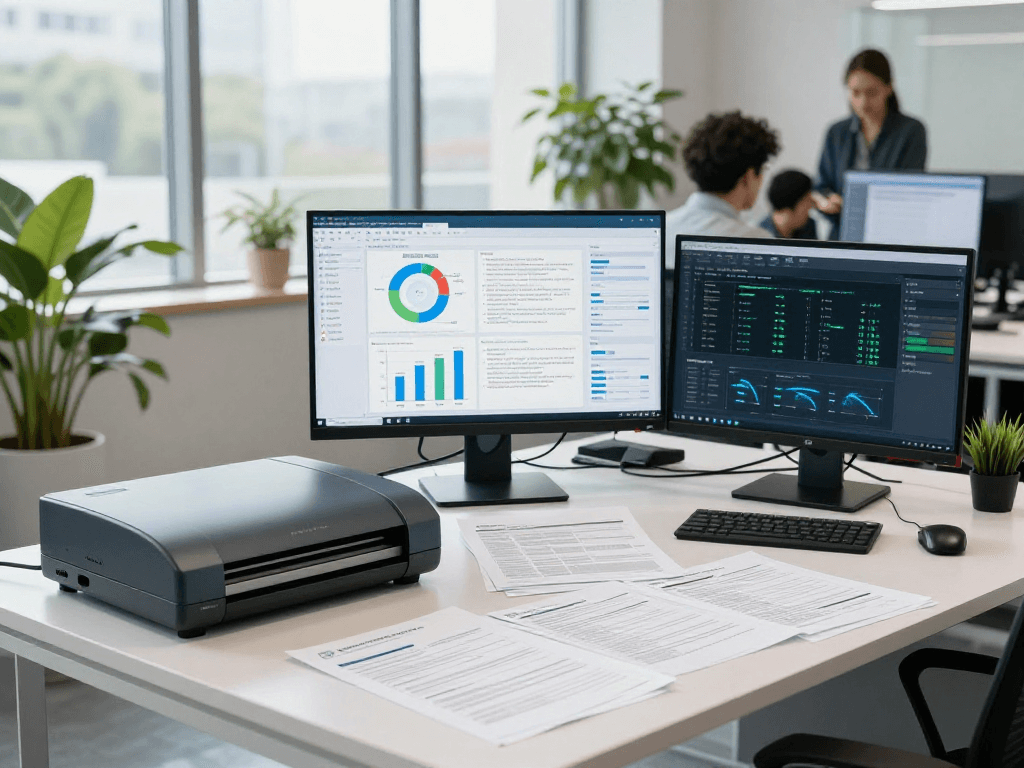 AI-driven document fraud detection in a modern workspace with data analytics displays and collaborative atmosphere.