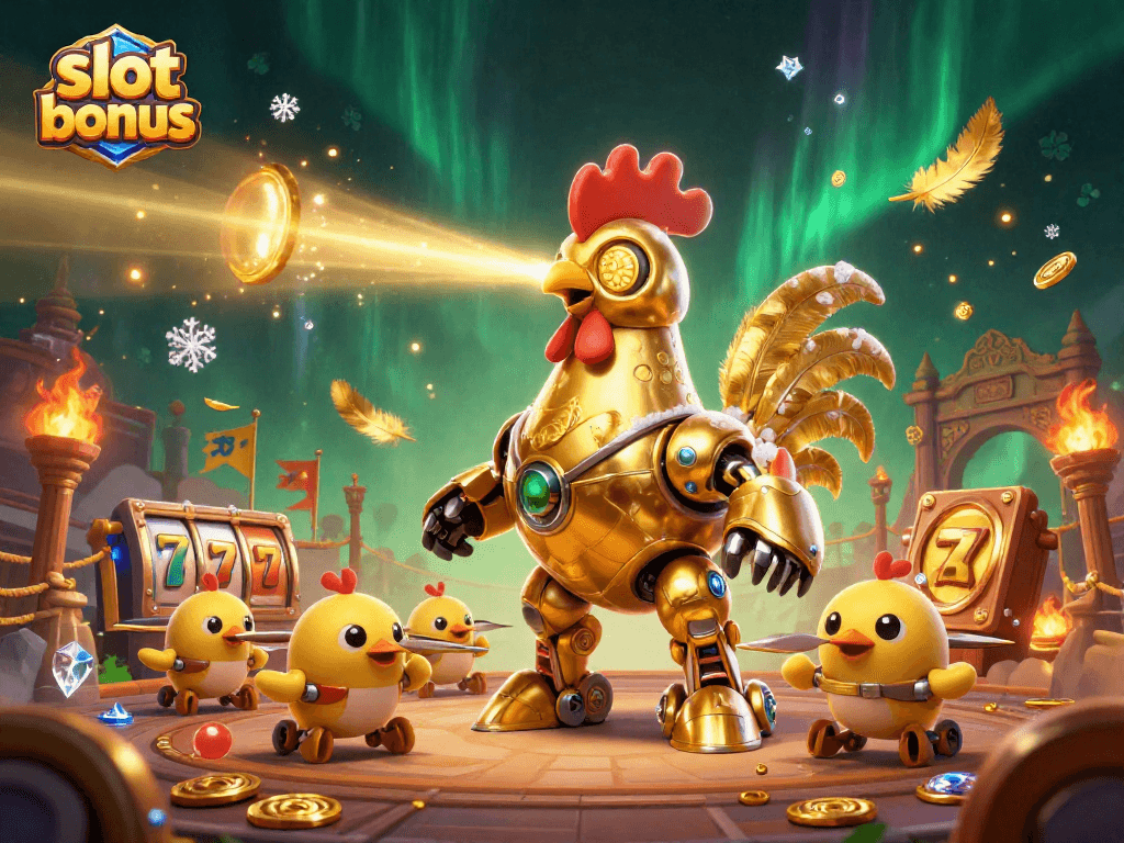 Experience thrilling slot bonus action with a futuristic rooster robot battling in a vibrant casino arena.