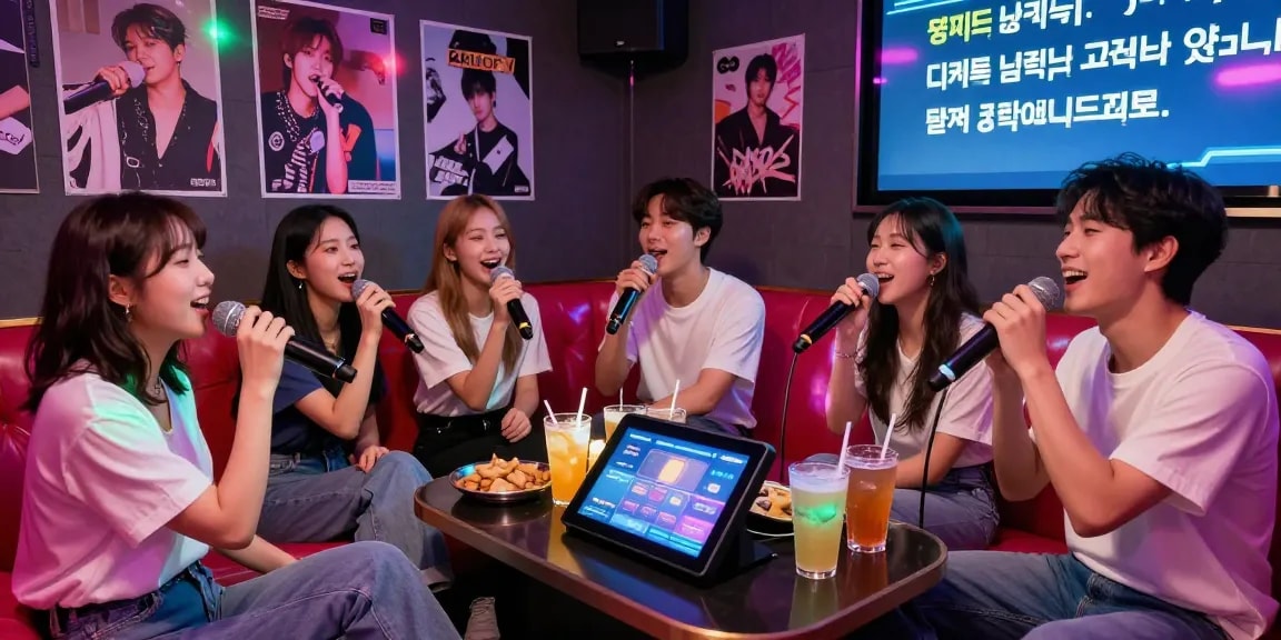 Group of friends enjoying a fun night at 강남노래방 karaoke, singing and celebrating together.