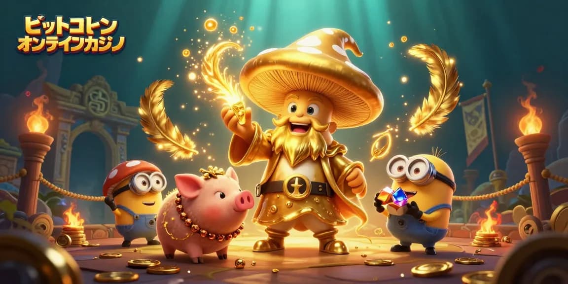 ビットコインオンラインカジノで楽しむための魅力的な3Dシーン、魔法のキノコのウィザードとトリュフ豚が宝を探しています