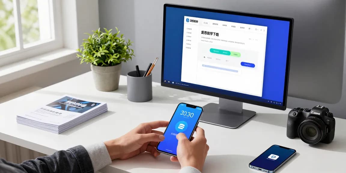 爱思助手下载界面展示,用户连接iPhone的现代办公场景,突显高效数据传输。