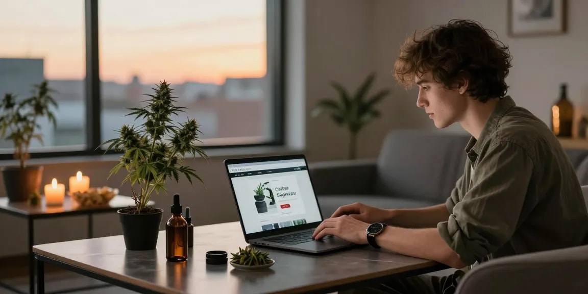 Is It Possible To Buy High Grade Marijuana Online In Germany? Yes, setup showing a young adult browsing cannabis products online in a cozy urban space.