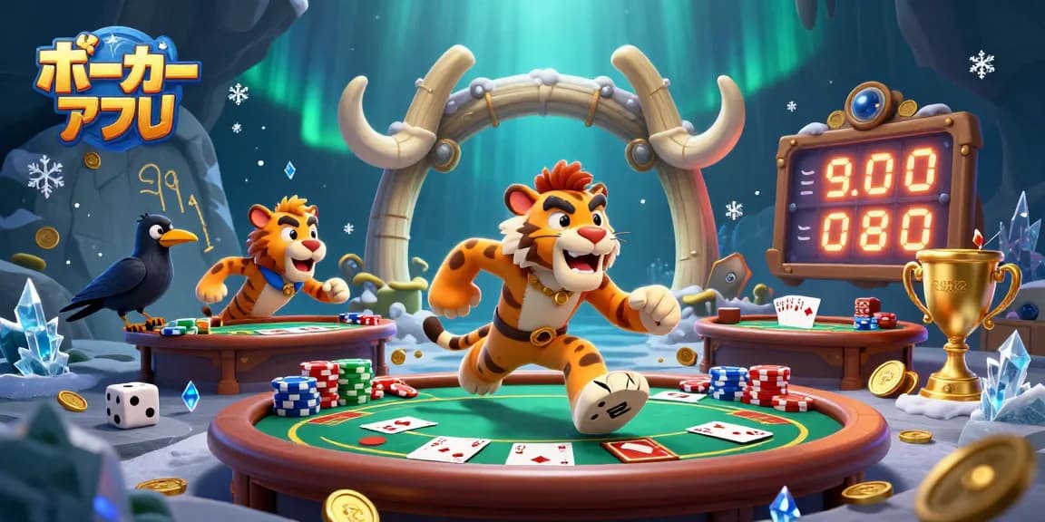 ポーカーアプリを使用して熱く盛り上がるシーン、ポーカーチップやディーラーとともに賑やかな展示が広がる