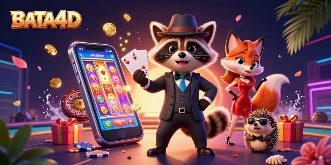BATA4D showcases a lively casino scene with a raccoon, fox, and hedgehog, embodying exciting gambling vitality amidst colorful gaming elements.