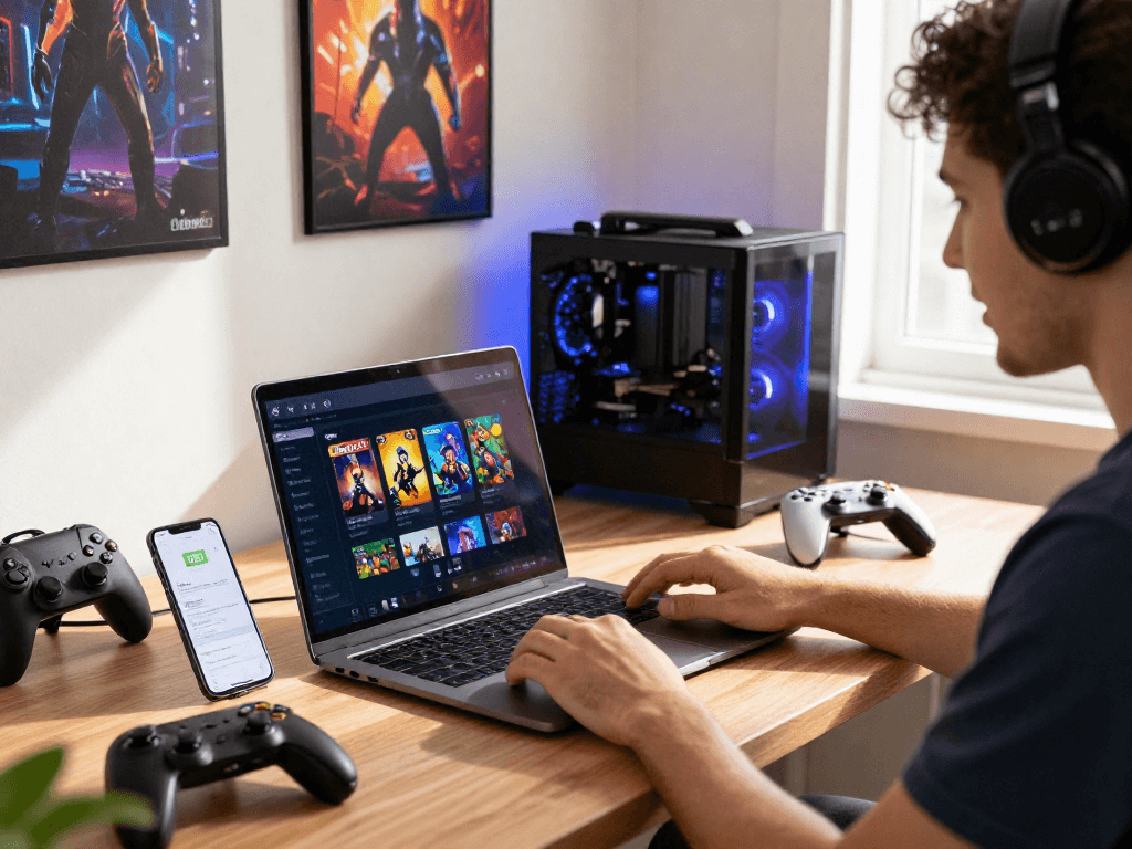 Masayang gumagamit ng bd188 para mag-download ng mobile games sa kanilang laptop.