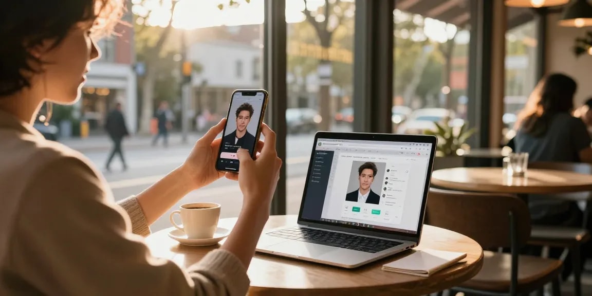 Celebrity I look like finder in action as a person uploads a selfie at a café.
