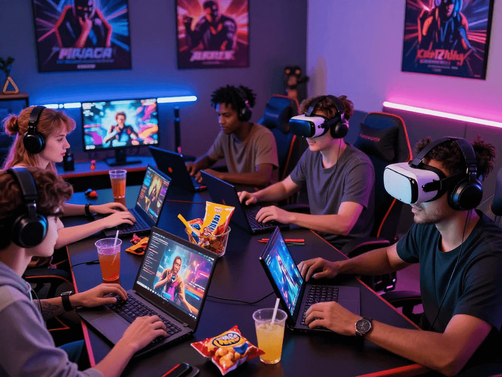 Gamers enjoying porngames in a vibrant social gaming environment