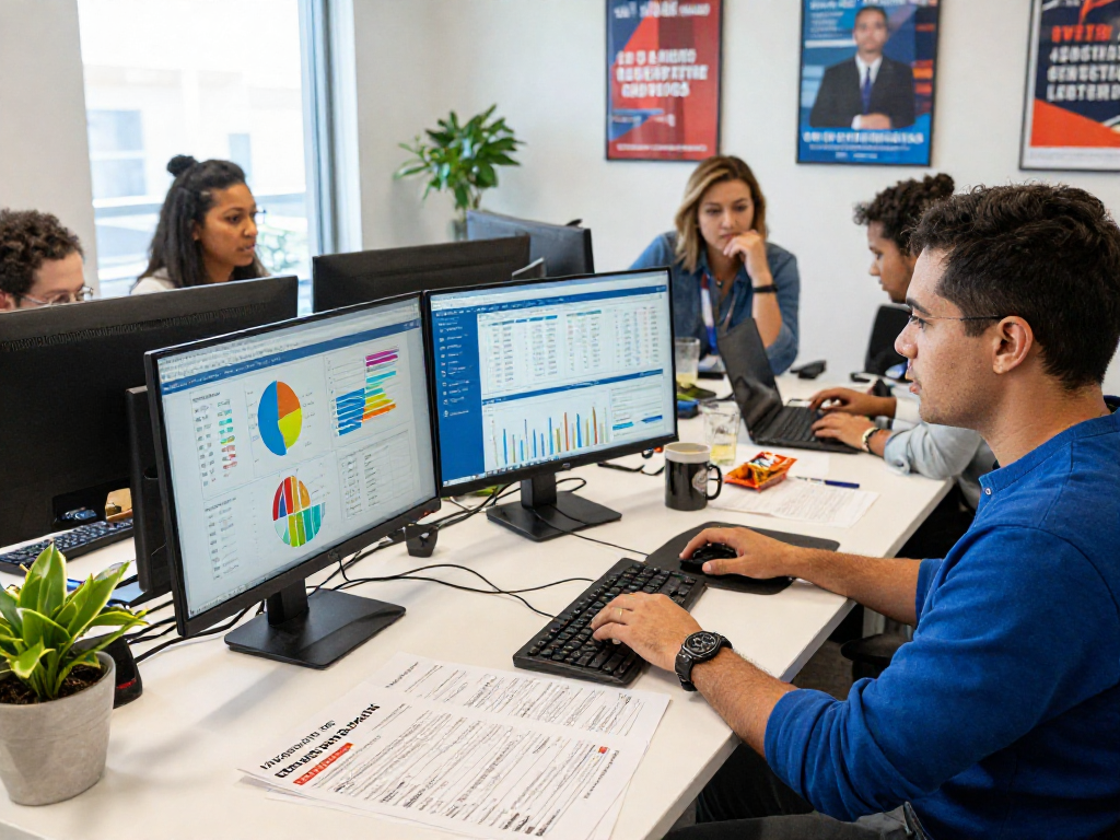 Political campaign manager using answer engine optimization to analyze voter data in a modern office.