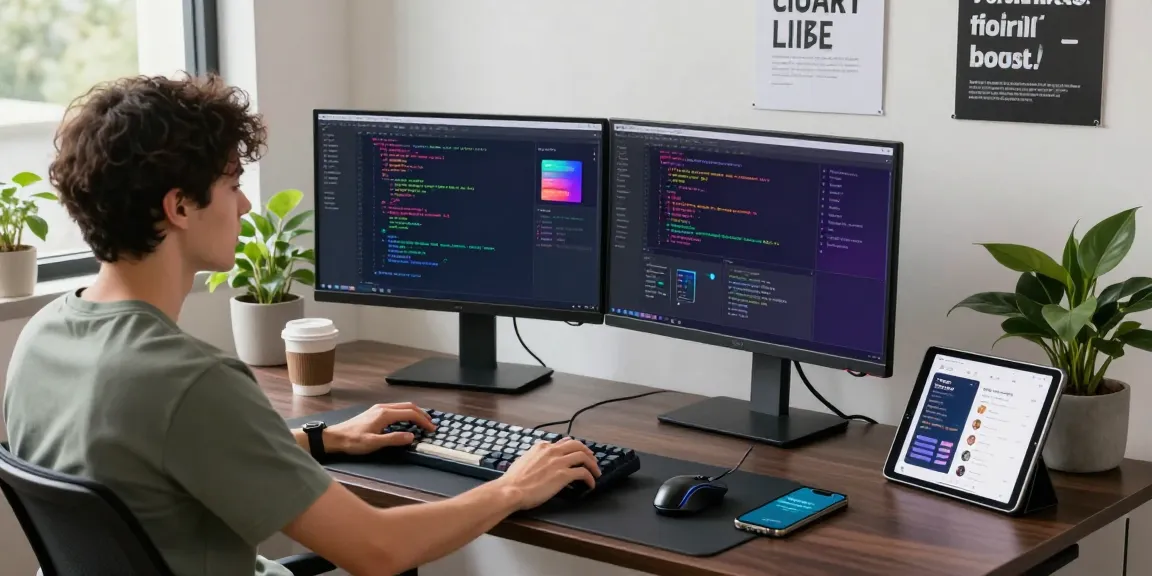 Developer coding 纸飞机中文版 interface in a modern tech workspace with dual monitors and creative decor.