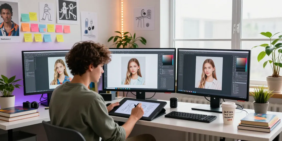 A digital artist using nano banana 2 for creative image generation in a vibrant workspace.